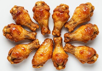 Arrangement of glazed chicken drumettes placed in a circular layout on white background, suitable for sports-bar menu designs, food promotions, and advertising visuals