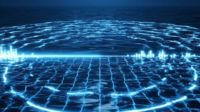 Abstract digital audio visualization with glowing blue light effects.