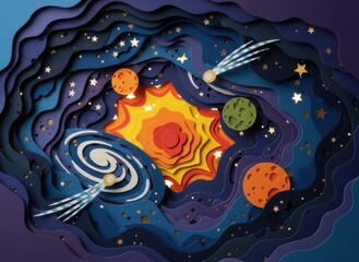 Obraz premium Colorful layered paper cutout of galaxy and solar system with stars and planets