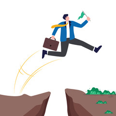 Businessman jumps to goal through abyss. Entrepreneurs jump to success between gap. Risk management