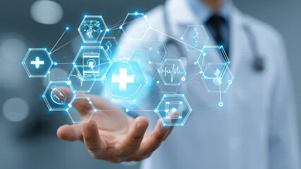 Medical professional interacting with digital health interface and medical icons. - Powered by Adobe