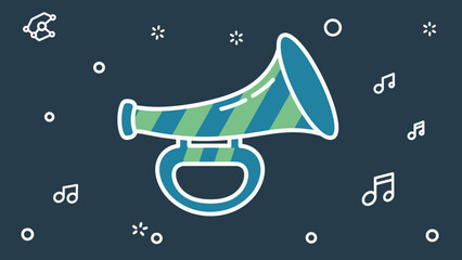 Stylized striped horn icon surrounded by musical notes and sparkling stars