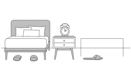 Minimalist Bedroom Interior Line Art Illustration with Bed, Nightstand, Alarm Clock, and Slippers