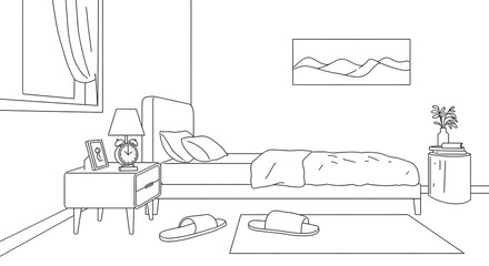 Minimalist Line Art Bedroom Interior Illustration. Simple Outline Drawing of a Modern Room with Bed, Nightstand, and Window Decor.