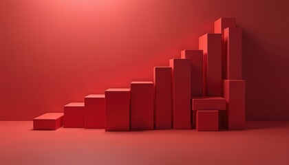 Red geometric blocks ascend on red floor and wall. Abstract 3d shapes form rising stairs or bar graph. Minimalist design for finance growth or product display.
