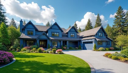 Large blue suburban house surrounded by manicured garden and tall evergreen trees. Sweeping driveway leads to attached garage. Perfect for real estate listings or architectural showcases.
