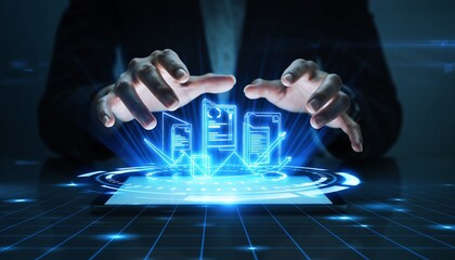 Professional managing digital documents with glowing futuristic interface for secure data organization and workflow automation
