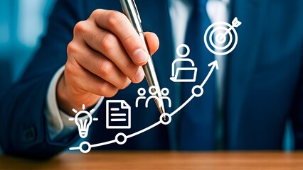 Business planning with hand drawing rising growth curve and strategy icons
