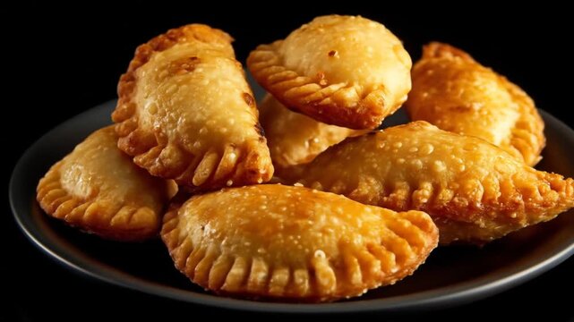 A close-up view of a plate filled with golden-brown, crispy empanadas, showcasing their flaky texture and intricate edges, set against a dark background, ideal for food-related content
