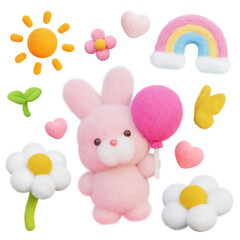 Cute Fluffy Pink Bunny with Balloon and Pastel Spring Elements Collection