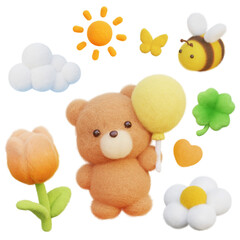 Cute Fluffy Bear with Balloon and Pastel Spring Elements Collection