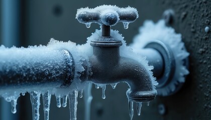 Outdoor water tap and pipe completely covered in thick frost and icicles. Frozen water drips from the metal spigot. Cold winter weather damages home plumbing.