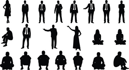 Collection of black human silhouettes in various standing and sitting poses, ideal for design, animation, posture, and body language themes. © Rayhan