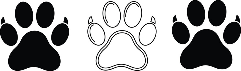 Set of black and outlined paw print icons with claws, perfect for pet, animal, wildlife, and nature-themed vector designs.