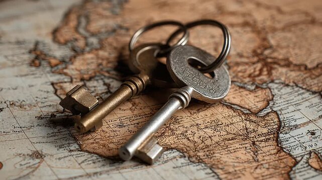 Antique keys on old world map background