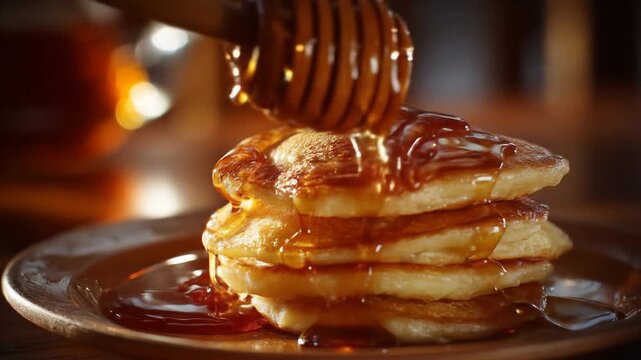 A stack of fluffy pancakes drizzled with warm syrup on a rustic wooden table, evoking a cozy breakfast scene with soft lighting in the background