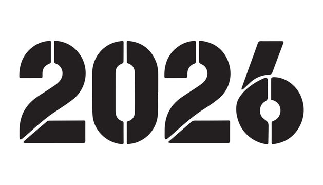 Year 2026 stencil text design with bold numbers in black color on white background