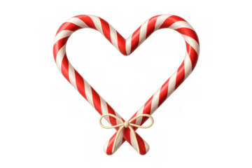 Two red and white striped candy canes connected by a bow, shaping a heart for seasonal greetings and festive design