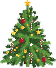 Beautiful decorated Christmas tree illustration, festive holiday spruce with ornaments, baubles, stars, candy canes, seasonal celebration design for winter decor