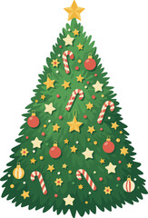 Beautiful decorated Christmas tree illustration, festive holiday spruce with ornaments, baubles, stars, candy canes, seasonal celebration design for winter decor