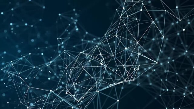 Abstract digital network of interconnected dots and lines on a dark blue background, representing data, technology, and global connections.
