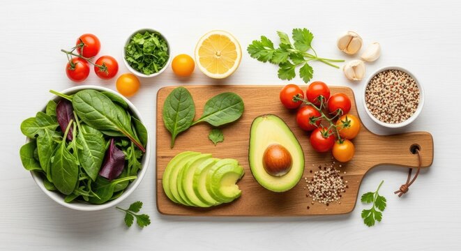 A wooden cutting board with fresh vegetables and fruits, including avocados, tomatoes, and spinach, arranged on a white table. - Powered by Adobe