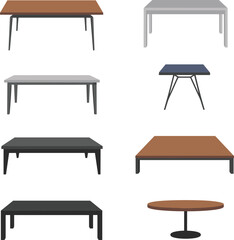 Collection of modern table illustrations, minimalist furniture set, dining and coffee table designs, wooden and metal tables, flat interior decor graphics