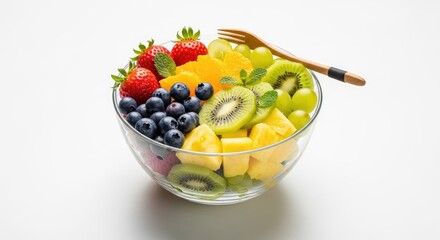 A colorful fruit salad bowl with strawberries, kiwi, blueberries, and oranges.