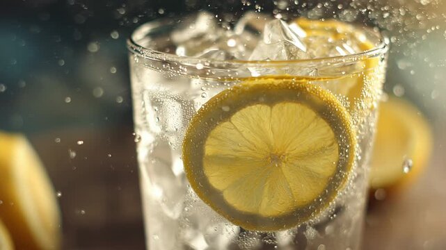 Lemon slice fizzing in refreshing ice water