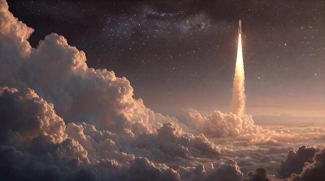 Rocket ascends through dramatic clouds toward starlit sky