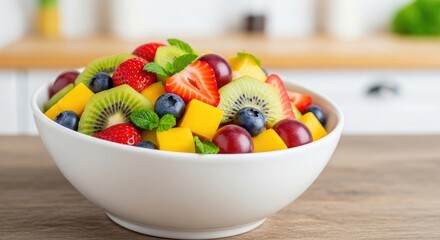 A colorful fruit salad with kiwi, strawberries, blueberries, and mangoes in a white bowl on a wooden table.