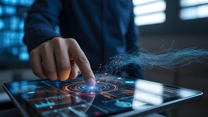 Person's hand interacts with advanced ui on a cutting-edge tablet