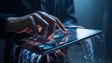 Digital interface on tablet: a human hand interacts with data.