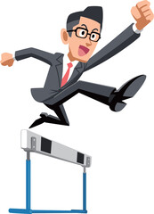 ハードルを飛び越えるメガネをかけたスーツ姿の男性