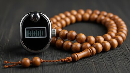 Prayer beads and digital counter on wood