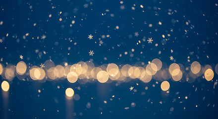 Soft focus bokeh lights and falling snow on a dark blue background