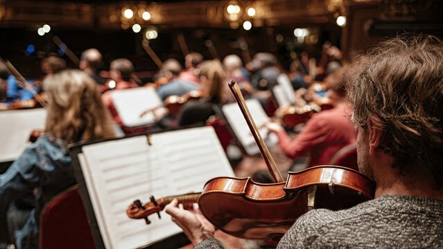 A professional male musician performs classical music on a stringed violin with a bow during an orchestral concert performance