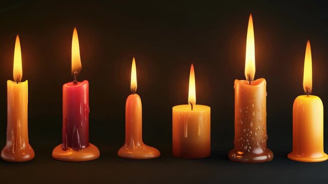 The  features a collection of candles, all aglow with a soft and inviting light. They are arranged neatly side by side, their wicks alight, casting an atmospheric glow.