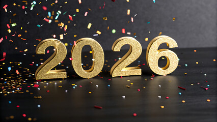Golden 3d numbers 2026 with falling confetti on dark background