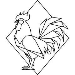 Geometric rooster silhouette inside a diamond-shaped frame, sharp lines, minimalist branding style