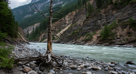 Lone pine tree with exposed roots on rocky riverbank in mountain canyon