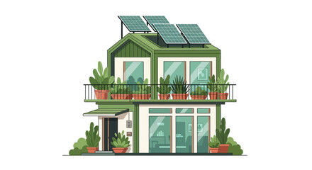 Obraz premium Eco-friendly architectural design: Green building with solar panels and lush plants