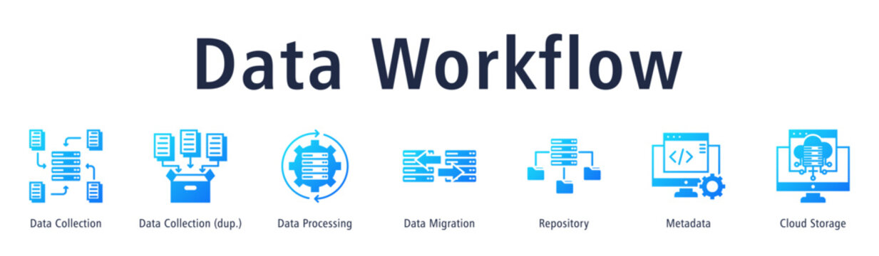Data Workflow web banner icon vector illustration with icons of Data Collection, Data Collection, Data Processing, Data Migration, Repository, Metadata and Cloud Storage.