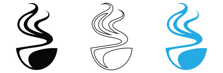 Hot beverage steam icon set in black, outline, and blue,Silhouette Coffee Cup Silhouette Icon,Black Hot Tea Mug Vector with Steam.Steaming Coffee Cup Icon A Warm Beverage in a Brown Mug with Creamy 
