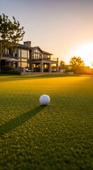 A golf ball rests on a manicured putting green in front of a large, luxurious home at sunset.