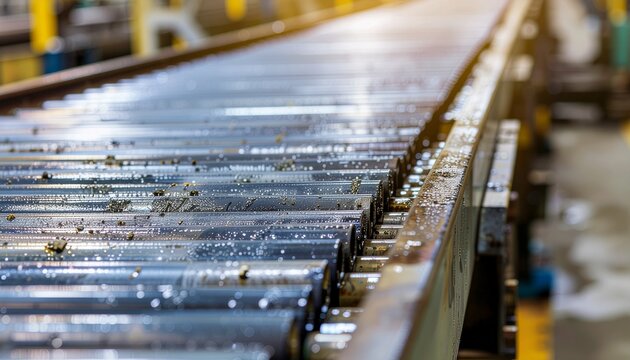 Industrial metal conveyor belt with parallel reflective surfaces and bright lighting.