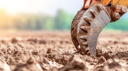 A close-up of an excavator digging into soil, showcasing heavy machinery in action during construction activities.