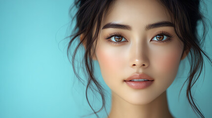 Naklejka premium A close-up portrait of a young woman with a serene expression and natural beauty, set against a soft blue background.