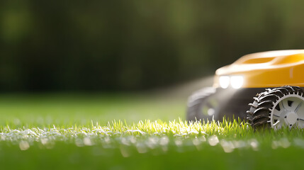 A close-up view of a robotic lawn mower navigating a lush green lawn, showcasing technology in garden maintenance.