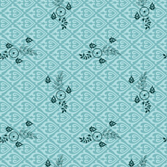 Aqua Teal Decorative Seamless Floral Pattern with Leaf Motifs